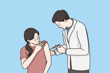 Vaccination against covid-19 virus concept. Young Man doctor making vaccination injection with syringe for young girl patient in hospital vector illustration 