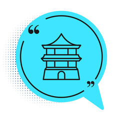 Wall Mural - Black line Traditional chinese house icon isolated on white background. Blue speech bubble symbol. Vector