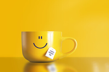 thank god it's monday happy tea with happy face on big yellow cup on yellow background. the most hap