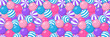 Seamless pattern with pile of striped balls, bubble gum, round candies or beach bouncy spheres. Vector cartoon background with many sweet dragee with spiral pattern, gumballs or plastic sport toys