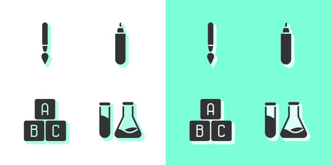 Sticker - Set Test tube and flask, Paint brush, ABC blocks and Marker pen icon. Vector