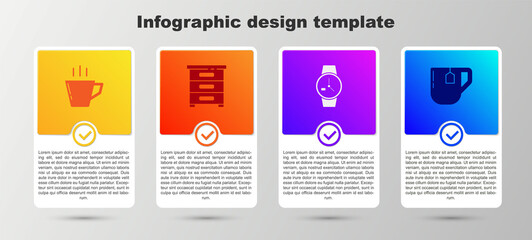 Sticker - Set Coffee cup, Drawer with documents, Wrist watch and Cup tea tea bag. Business infographic template. Vector