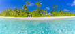 Beautiful tropical island with palm trees and beach panorama. Summer beach shore, coast amazing wide angle view. Paradise seaside, ocean lagoon under blue sky. Idyllic, relax vacation holiday scenic