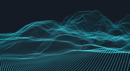 Poster - Abstract technology science network connection. Blue background of glowing points. Waves of dots and particles. Cyber space, data and artificial intelligence visualization stream. 3D rendering.