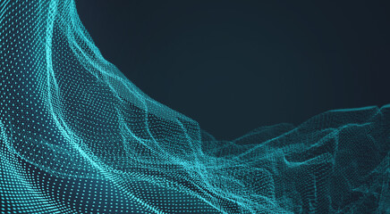 Poster - Abstract technology science network connection. Blue background of glowing points. Waves of dots and particles. Cyberspace, data, and artificial intelligence visualization stream. 3D rendering.