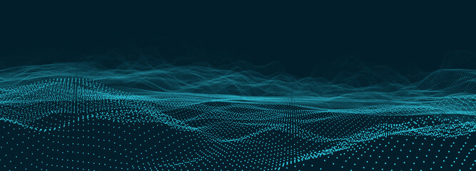 Poster - Abstract background with digital data technology and glowing plexus mesh. Big network connection, connected points. Blue background and wallpaper concept. 3D rendering. Blur focus.
