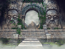 Ancient Temple With Stone Heads, Stairs, A Pool And Green Ivy In The Mountains. 3D Render.