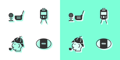 Poster - Set Rugby ball, Golf club with on tee, Sherlock Holmes and Tram and railway icon. Vector