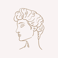 Linear drawings of heads of antique statues of the goddess and mythical god in the engraving style. Creative minimal linear woman vector with growing branch from her head.