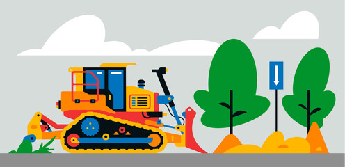 Construction machinery works at the site. Construction machinery, bulldozer on the background of a landscape of trees, sand, road sign. Vector illustration isolated on background