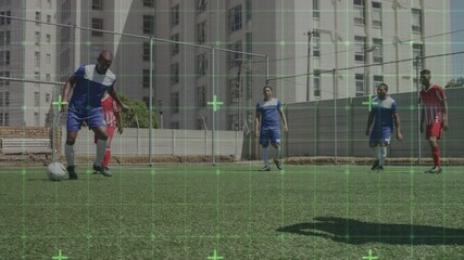 Wall Mural - Video game digital interface against two teams of male soccer players playing soccer on grass field