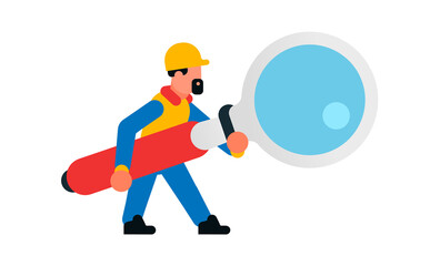 Wall Mural - Worker holding a large magnifying glass. Builder with a magnifying glass. Search, research, study, increase, spy. Isolated vector illustration on white background.