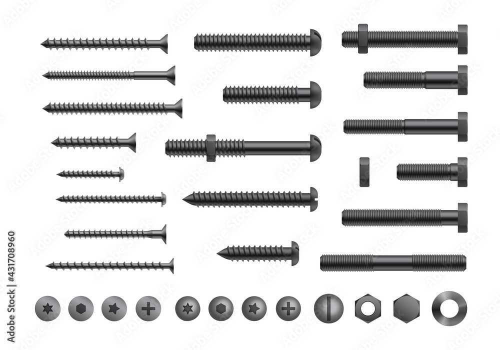Realistic bolt, screw and nut collection. Metal nails, rivets head with washers. Repair set isolated - obrazy, fototapety, plakaty 
