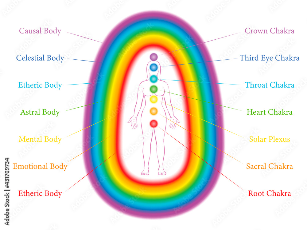 Seven main chakras and corresponding aura layers of a standing woman. Etheric, emotional, mental, astral, celestial and causal layer. Labeled vector illustration chart.
 - obrazy, fototapety, plakaty 