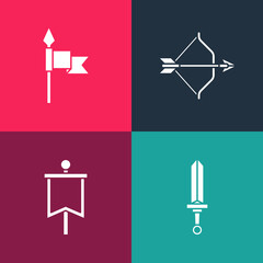 Poster - Set pop art Medieval sword, flag, bow and arrow and spear icon. Vector