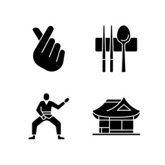 Canvas Print - Symbols of Korea black glyph icons set on white space. Finger heart. Sujeo utensils. Taekwondo fighter in position. Asian culture. Korean traditions. Silhouette symbols. Vector isolated illustration