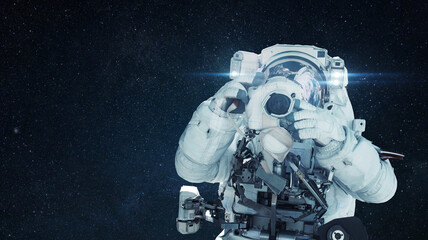 Poster - Man astronaut photographer makes a photo on camera in outer space with stars. Space man paparazzi, creative.