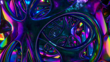 Poster - flying through an abstract alien structure illuminated by neon lights. modern ultraviolet lighting. 