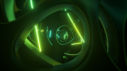 Poster - flying through an abstract alien structure illuminated by neon lights. modern ultraviolet lighting. 