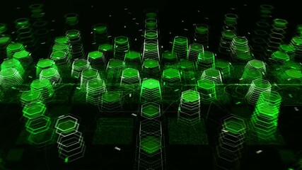 Poster - Futuristic animation with hexagons. Animation. Many 3d hexagons in cyberspace form texture. Hexagons moving and forming into textures