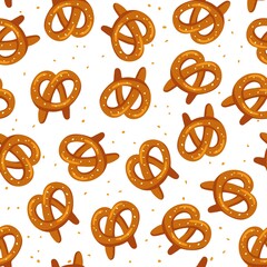 Seamless pattern with Pretzes on white background. illustration in flat vector design for Oktoberfest. Salty Beer Snack pastrie. Traditional german pretzel with salt, Bavarian food.