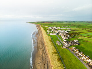 Aerial view of Allonby village beach in Allerdale district in Cumbria, UK