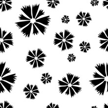 Cornflower Seamless Pattern Of Black Flowers, Abstract Texture, Vector Floral Print. Seamless Simple Black White Pattern - For Paper, For Fabric, For Textile, Flower Background, Minimalist Wallpaper
