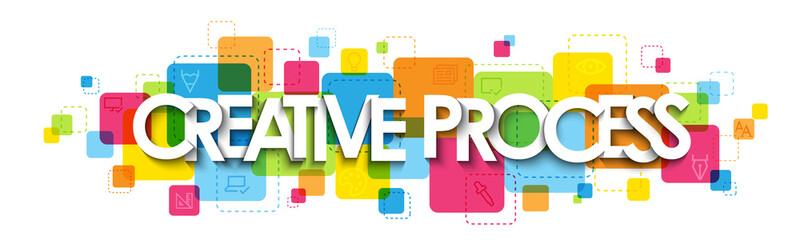 CREATIVE PROCESS colorful vector typography banner with symbols on white background