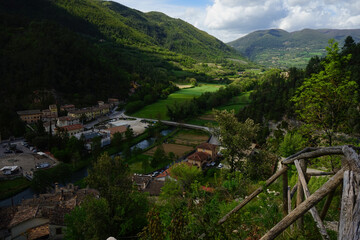 Valnerina valley view from Scheggino tower on a cloudy day, Perugia, Umbria, Italy