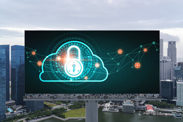 Padlock icon hologram on road billboard over panorama city view of Singapore at day time to protect business, Southeast Asia. The concept of information security shields.