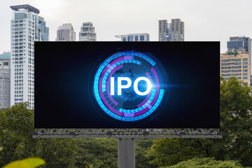 IPO icon hologram on road billboard over day time panorama city view of Bangkok. The hub of initial public offering in Southeast Asia. The concept of exceeding business opportunities.