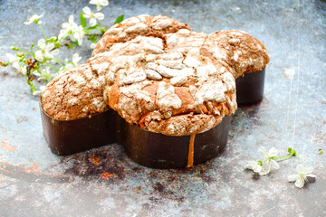 Easter hand painted eggs, and    Traditional italian easter  dove  bread cake The counterpart of the two well-known Italian Christmas desserts, panettone and pandoro.