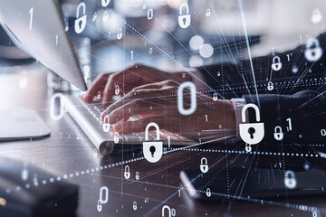 a programmer is typing a code on computer to protect a cyber security from hacker attacks and save c