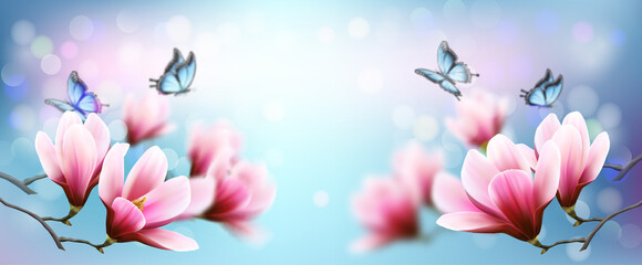 Aufkleber - Nature spring background with beautiful magnolia branches on blue sky and butterflies. Vector.