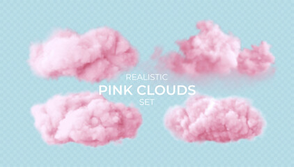 Realistic pink fluffy clouds set isolated on transparent background. Cloud sky background for your design. Vector illustration