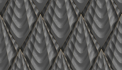 Wall Mural - Black rhombuses stylized in the form of decorative convex modules with worn gold edges.3d illustration. High quality image for print and web.