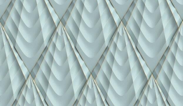Wall Mural -  - Light green rhombuses stylized in the form of decorative convex modules with worn gold edges.3d illustration. High quality image for print and web.