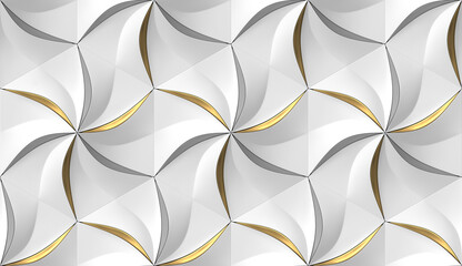 Wall Mural - White hexagons stylized in the form of decorative convex modules resembling flowers with silver and golden leaves. High quality image for print 300dpi