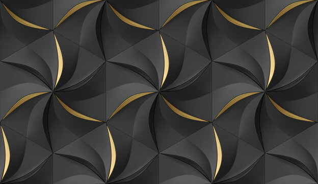 Wall Mural -  - White hexagons stylized in the form of decorative convex modules resembling flowers with golden leaves.