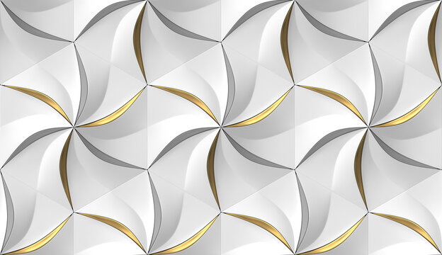 Wall Mural -  - White hexagons stylized in the form of decorative convex modules resembling flowers with silver and golden leaves. High quality image for print 300dpi