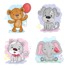 Cute Cartoon Teddy Bear With Balloon, Elephant With Butterfly, Cute Cartoon Cat And Dog. Vector Print. Good For Greeting Cards, Invitations, Decoration, Print For Baby Shower, Etc.