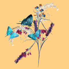 Poster - Illustration with vector beautiful blue butterflies and flowers for design