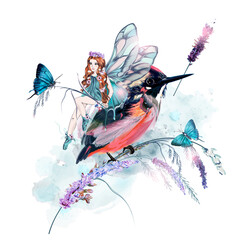 Poster - Beautiful vector illustration with girl fairy, butterflies, lavender flowers and bird