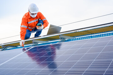 Wall Mural - Male Engineer Industrial Technician Inspect Solar Panel Electricity With digital insulation tester At industrial plants that install solar panels using solar energy