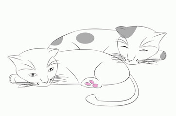                 There is a cartoon image of 2 white cats and gray polka dots. Sleeping cat black line drawing And dreams on a white background, make logos, print stickers, and decorate various pattern