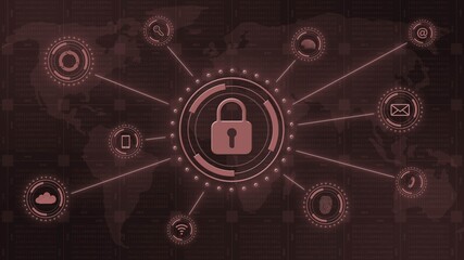 Poster - Closed padlock central on digital background in red - cyber security and information technology concept - 3D Illustration