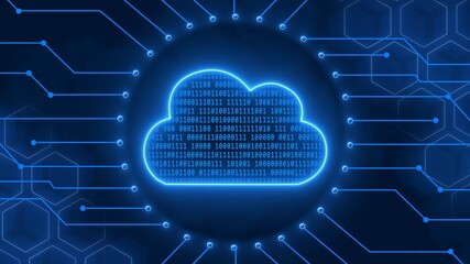Poster - Digital cloud computing concept in blue - binary code into data cloud between information connecting lines and blur honeycomb elements on background - 3D Illustration