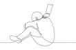 man (hiding his face) sits on the floor with arms around his knees, someone's hand on his shoulder - one line drawing. someone comfort a sad man