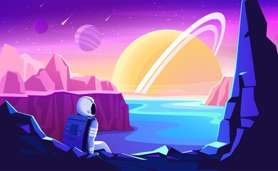 astronaut sitting on a mountain on a distant planet. vector illustration of mars colonization, futur