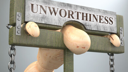 Wall Mural - Unworthiness that affect and destroy human life - symbolized by a figure in pillory to show Unworthiness's effect and how bad, limiting and negative impact it has, 3d illustration